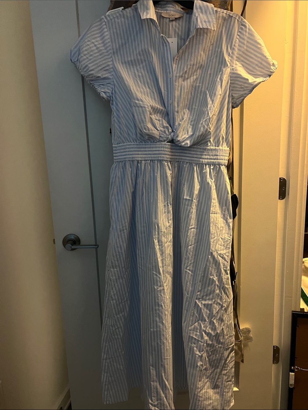 LOFT Light Blue & White Striped Collar Midi Dress